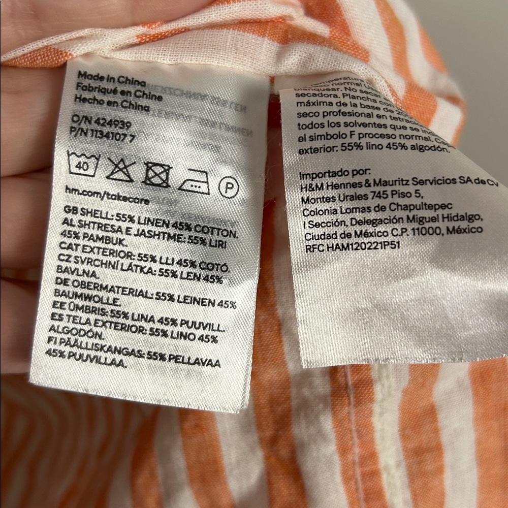 H&M Linen blend Orange White Striped Button Up Shirt Relaxed Summer Top L - Picture 7 of 8